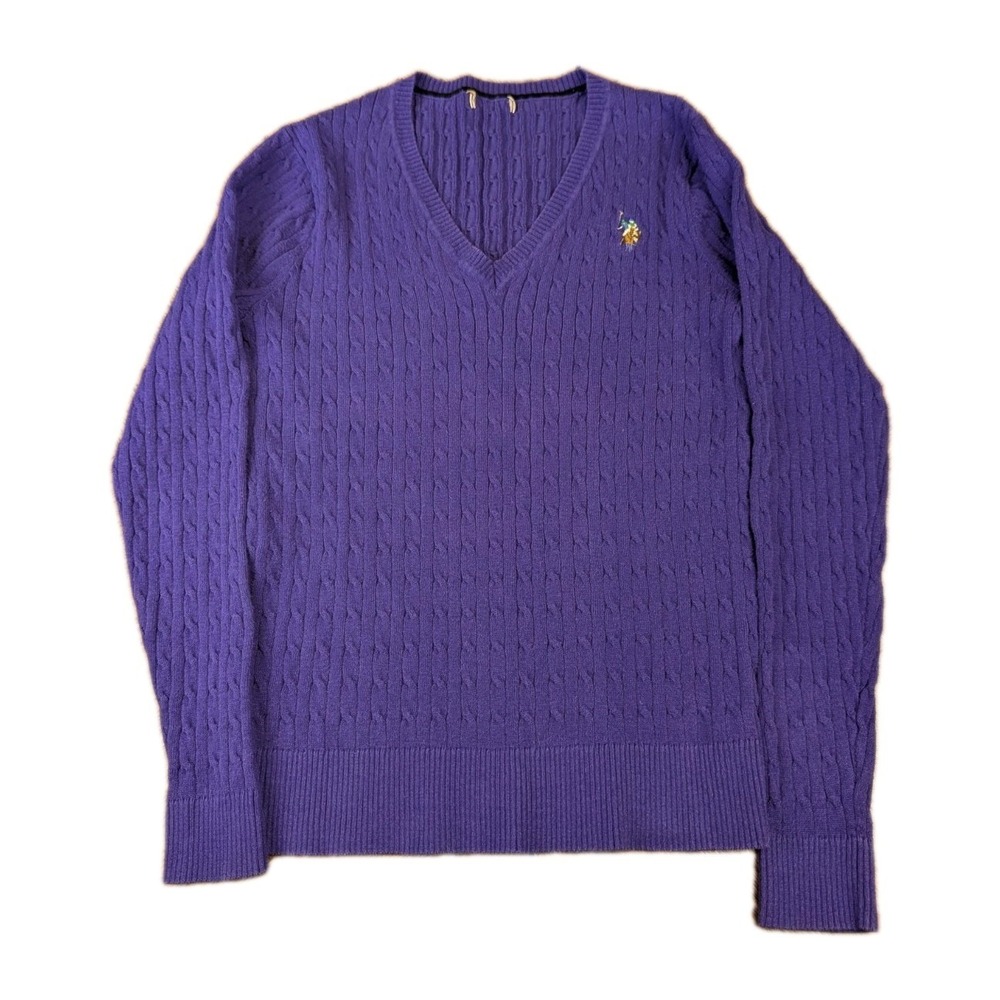 Vintage Ralph Lauren Cable Knit Sweater Purple V Neck Long Sleeve Women's Small